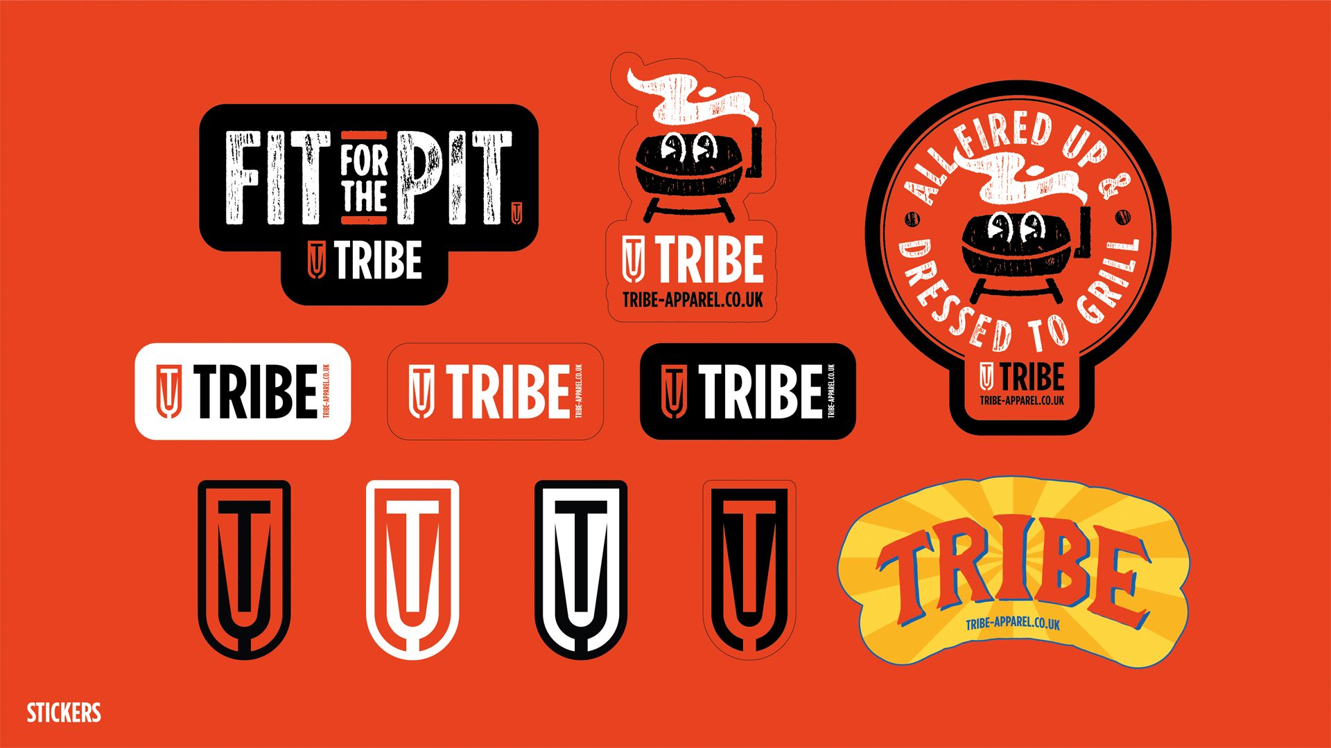 High-resolution image of a Tribe sticker sheet featuring multiple branded designs.