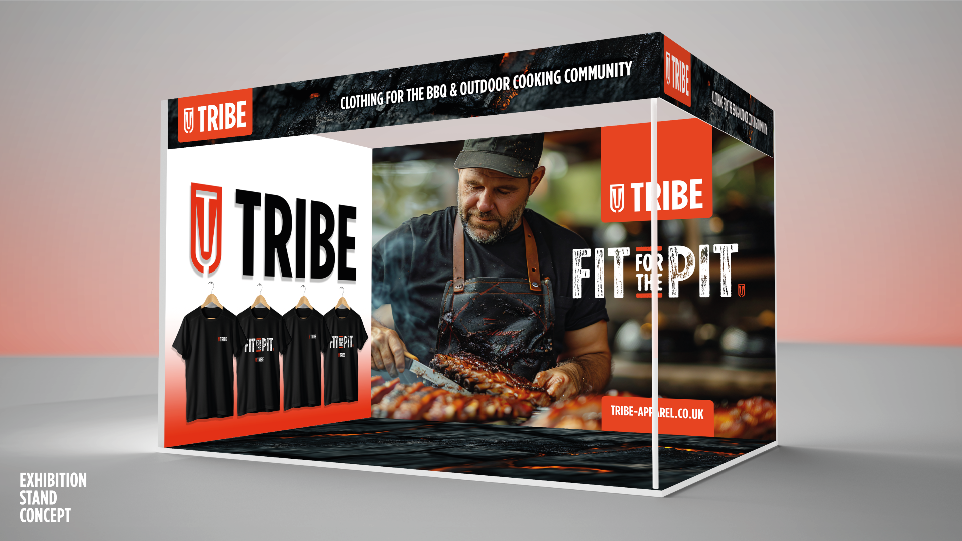 Wider shot showing the Tribe exhibition stand layout and branding elements.