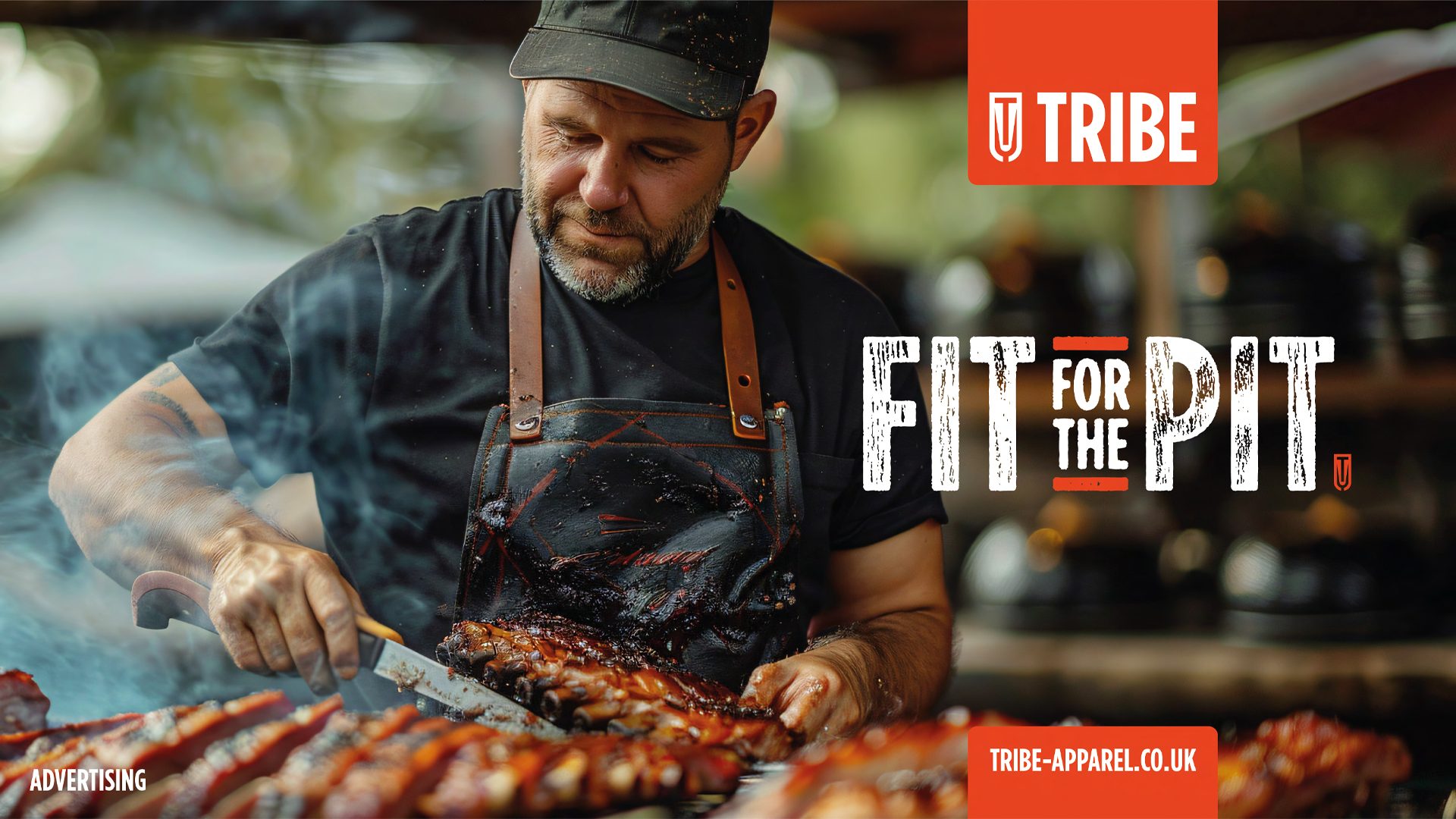 Man cooking ribs on a barbecue grill with the words “Fit for the Pit” overlaid on the image.
