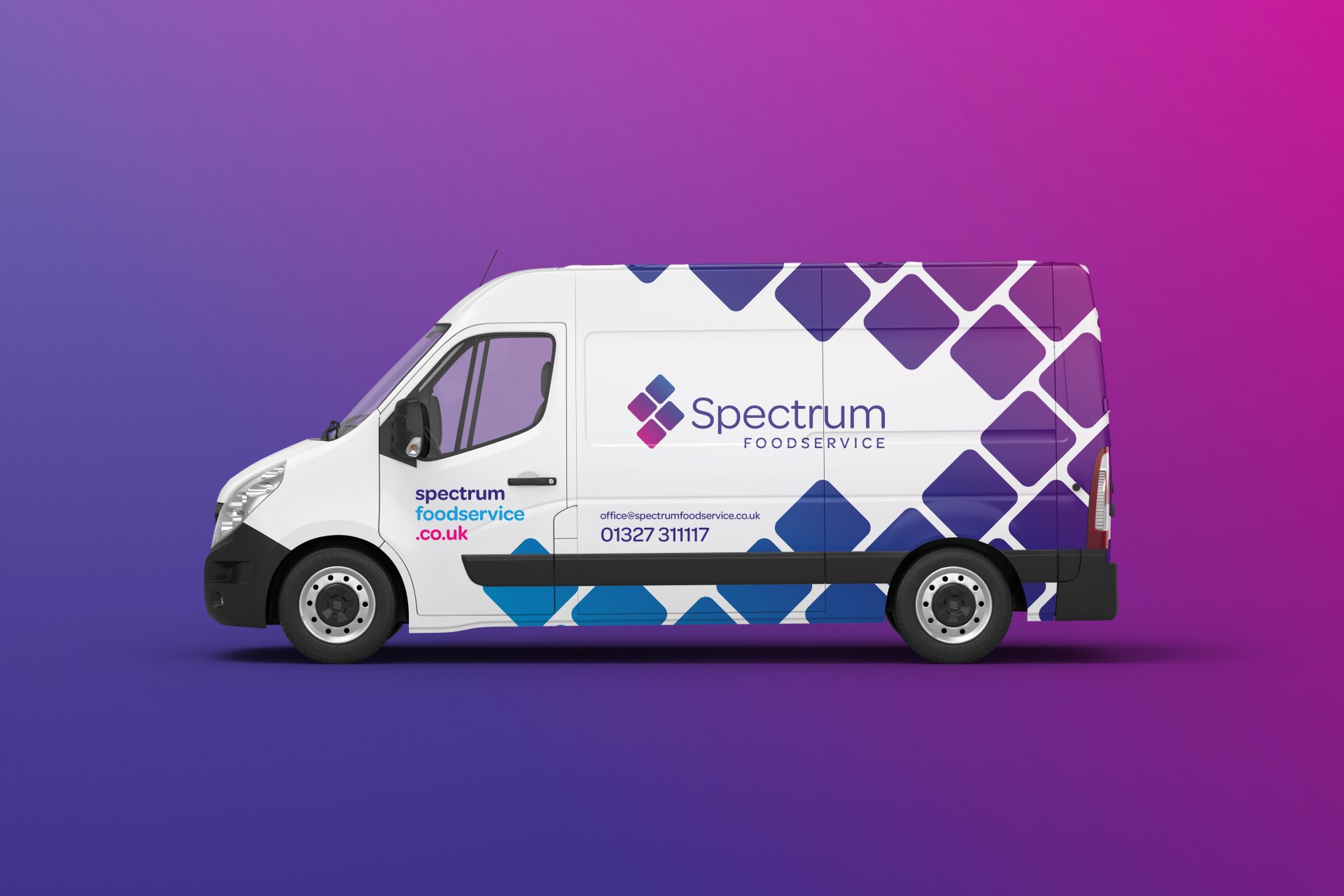 Van with Spectrum branding set against a Spectrum-themed background.
