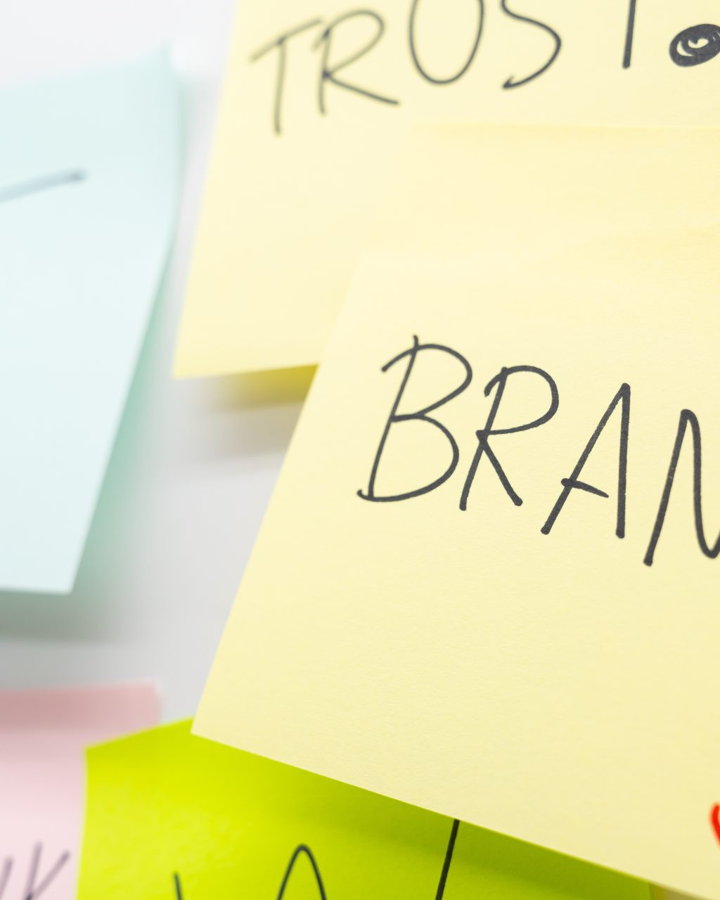 Sticky notes on a wall with the top note labeled “Brand”
