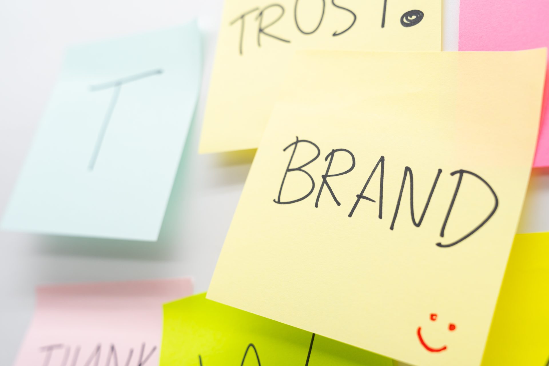 Sticky notes on a wall with the top note labeled “Brand”
