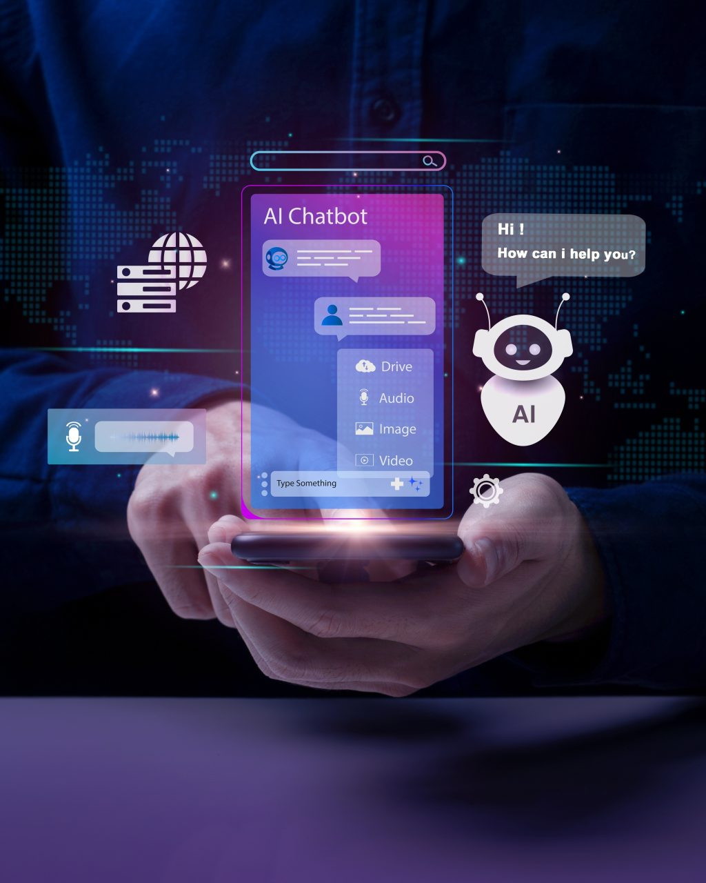 Man looking at his phone screen while interacting with an AI chatbot