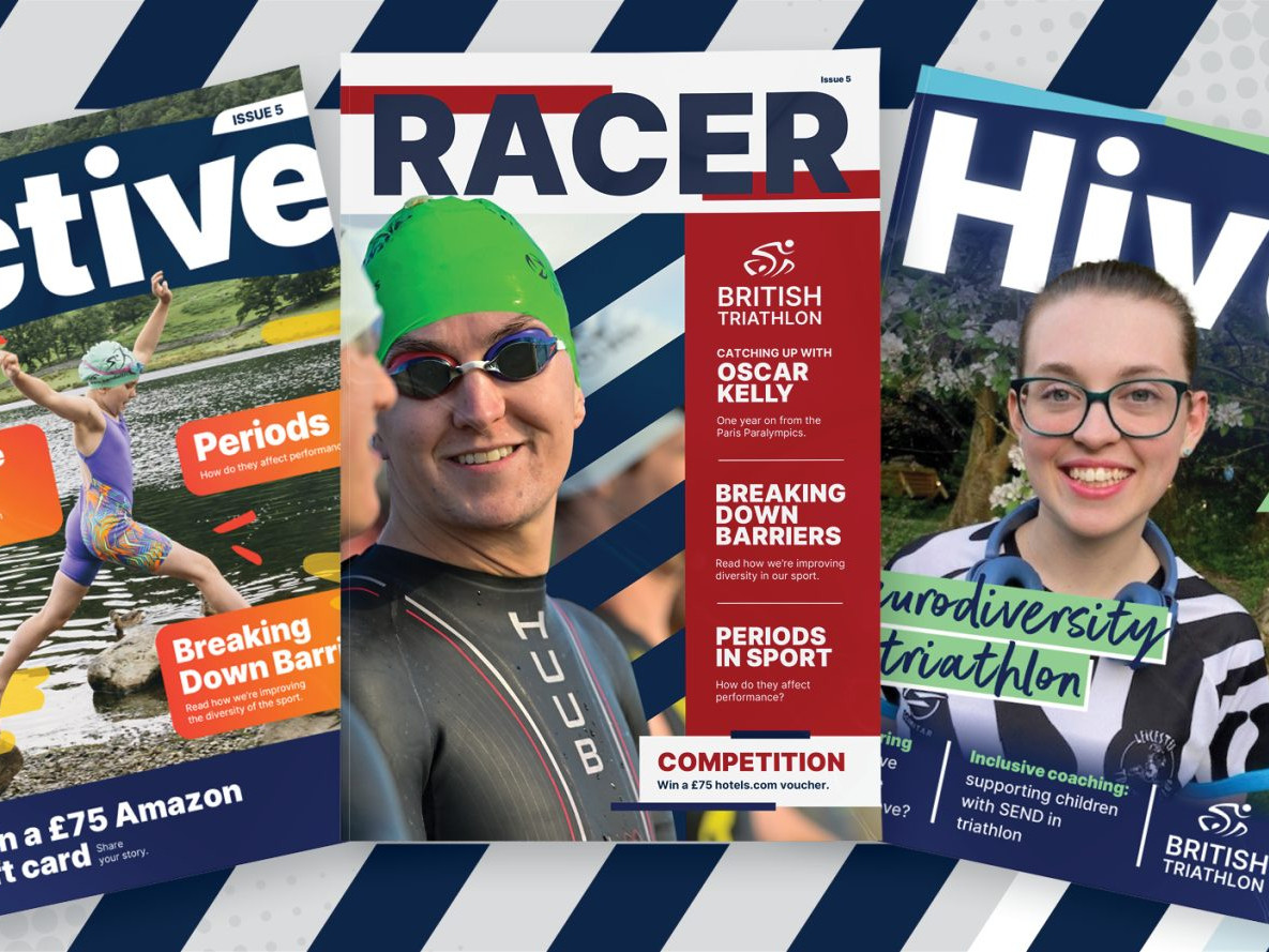 Three British Triathlon magazine covers in varied colours—orange, red, green, and blue—featuring diverse athletes of different ages and backgrounds.