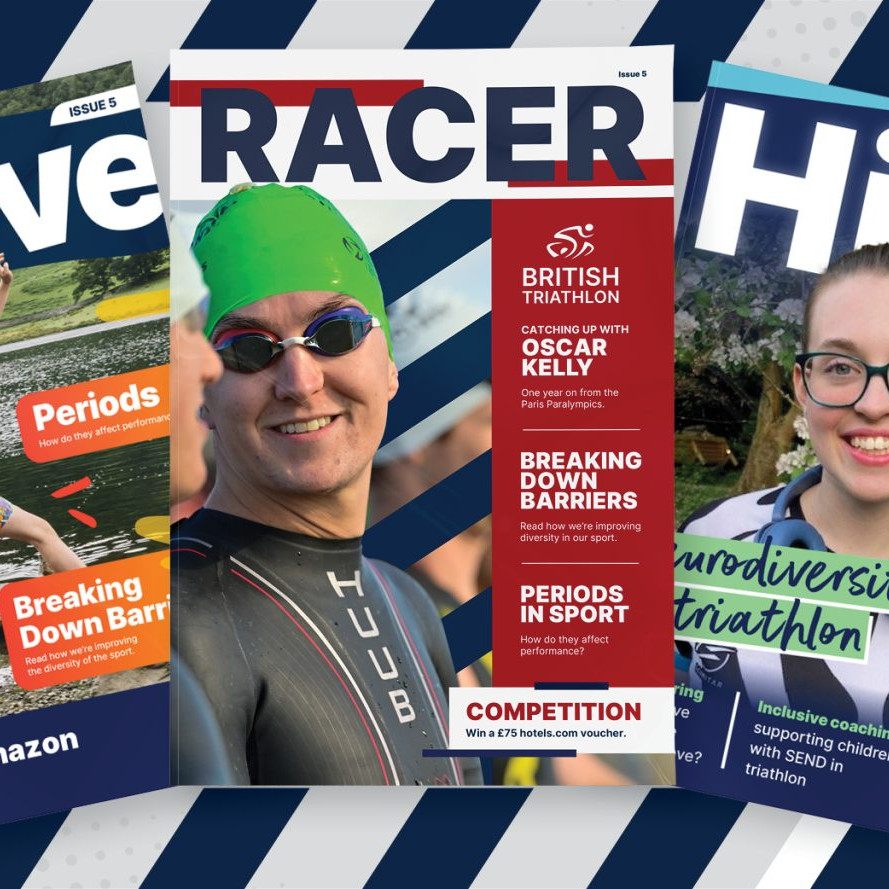 Three British Triathlon magazine covers in varied colours—orange, red, green, and blue—featuring diverse athletes of different ages and backgrounds.