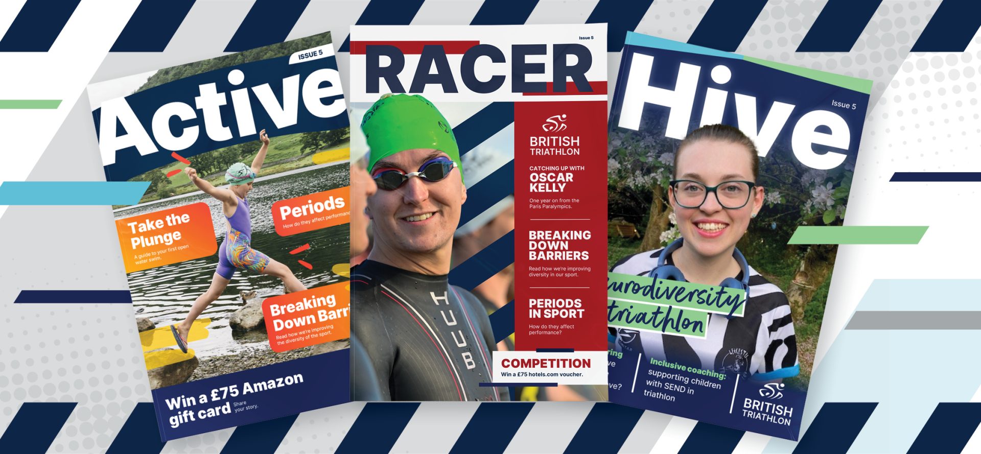 Three British Triathlon magazine covers in varied colours—orange, red, green, and blue—featuring diverse athletes of different ages and backgrounds.