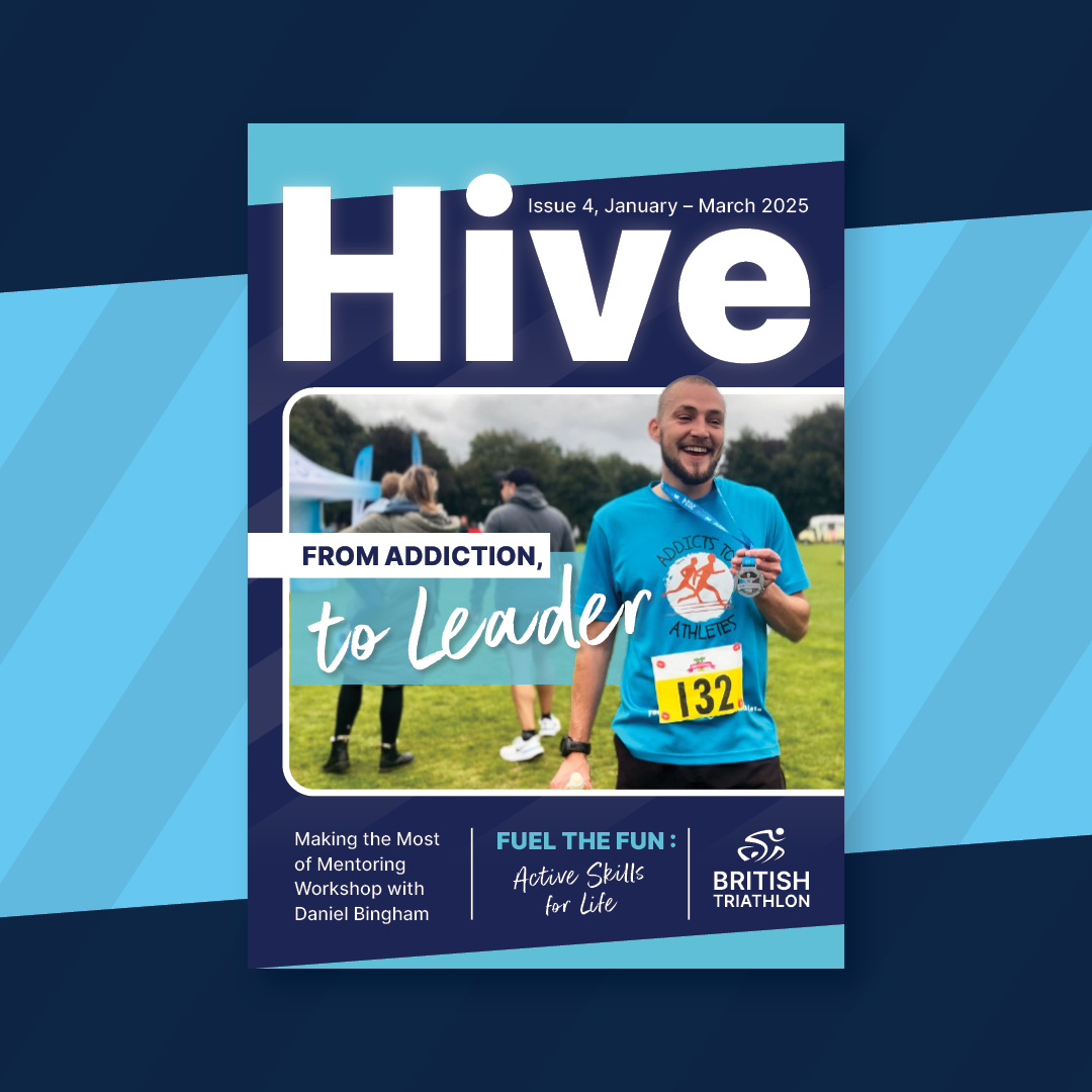 Blue British Triathlon magazine cover showing a male athlete proudly holding a medal, designed by Creative62.