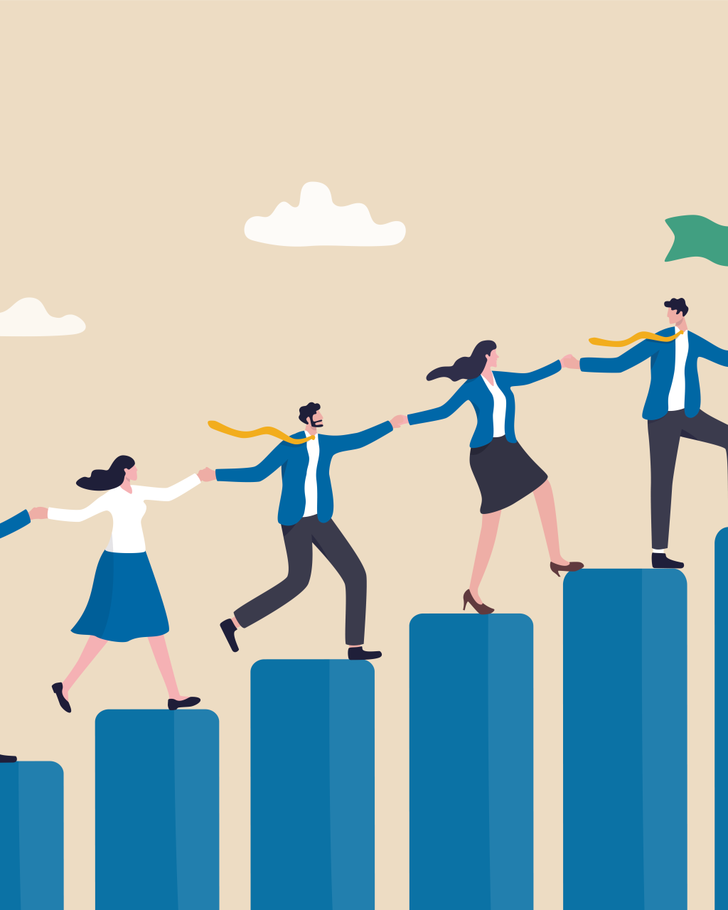 Illustration of a team working together to climb blocks, representing collaboration and growth.