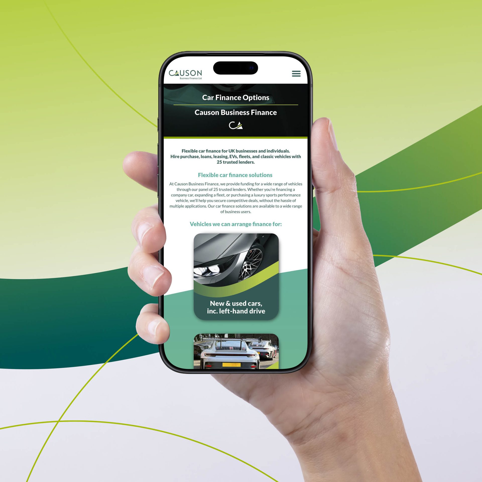 Phone mockup showing the redesigned Causon website on a mobile device.