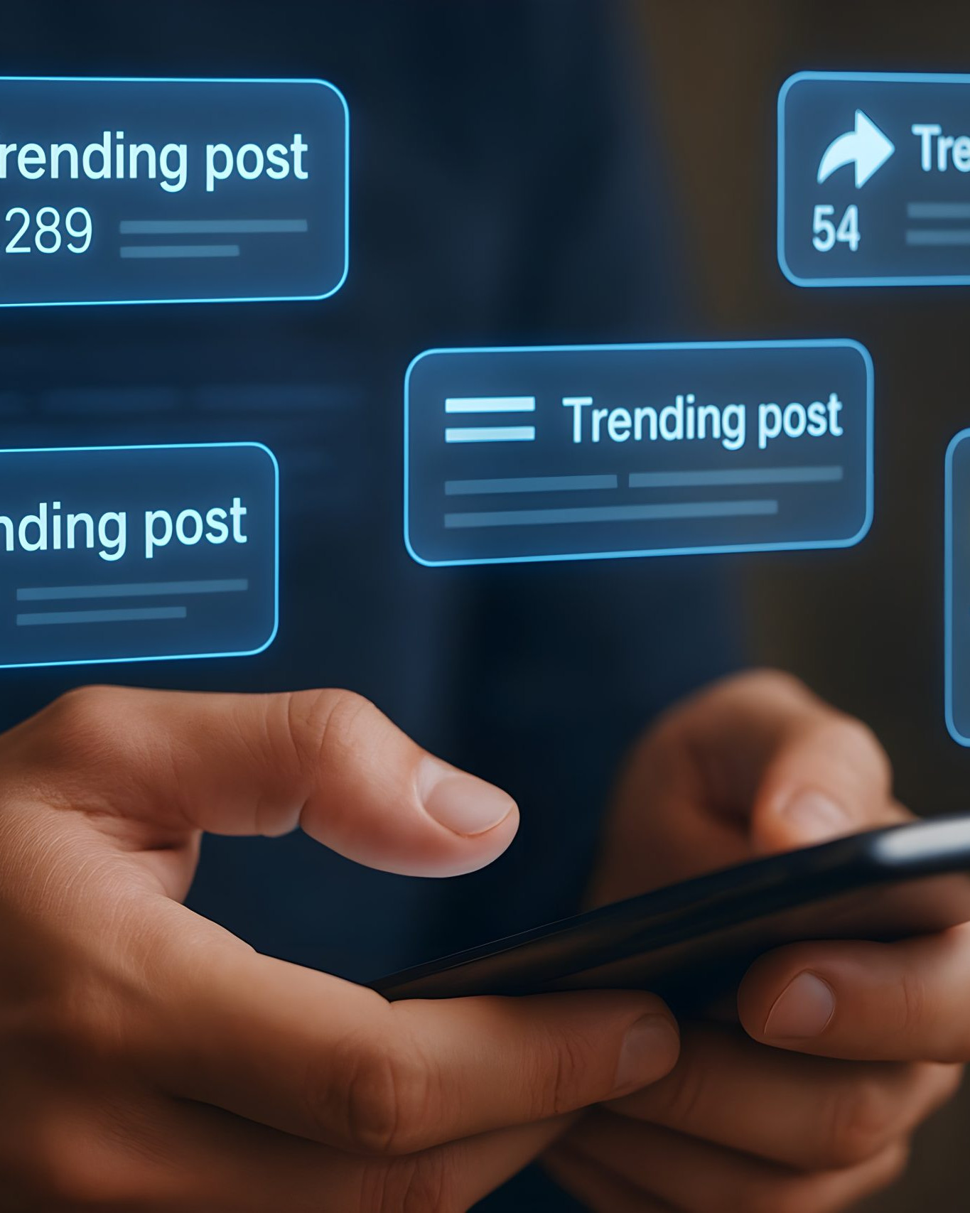 Person using a smartphone with social media notifications, trending posts and engagement icons representing digital marketing.