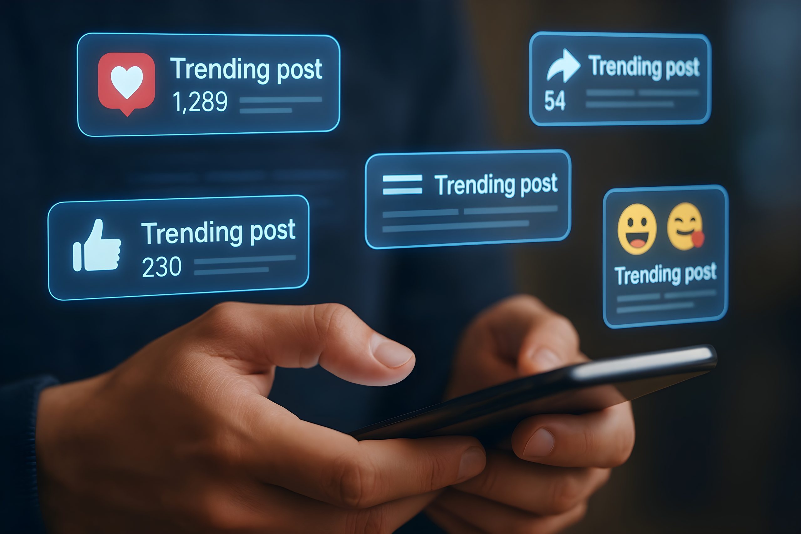 Person using a smartphone with social media notifications, trending posts and engagement icons representing digital marketing.