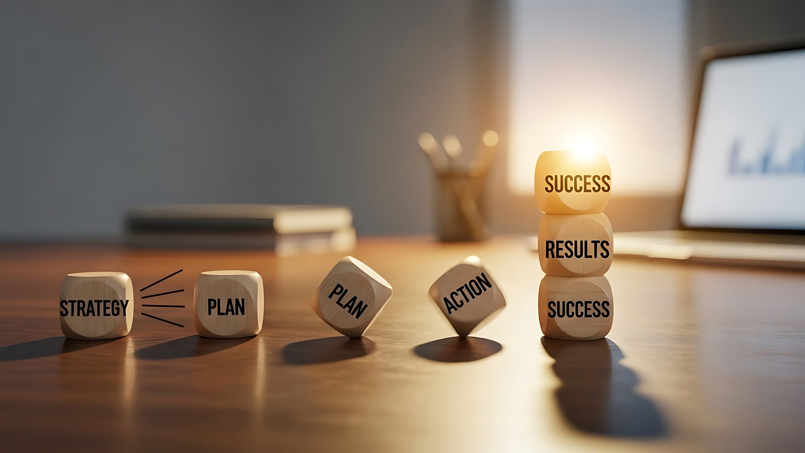 Dice stacked to spell strategy, plan, action, success and results, representing effective marketing strategy and business growth.