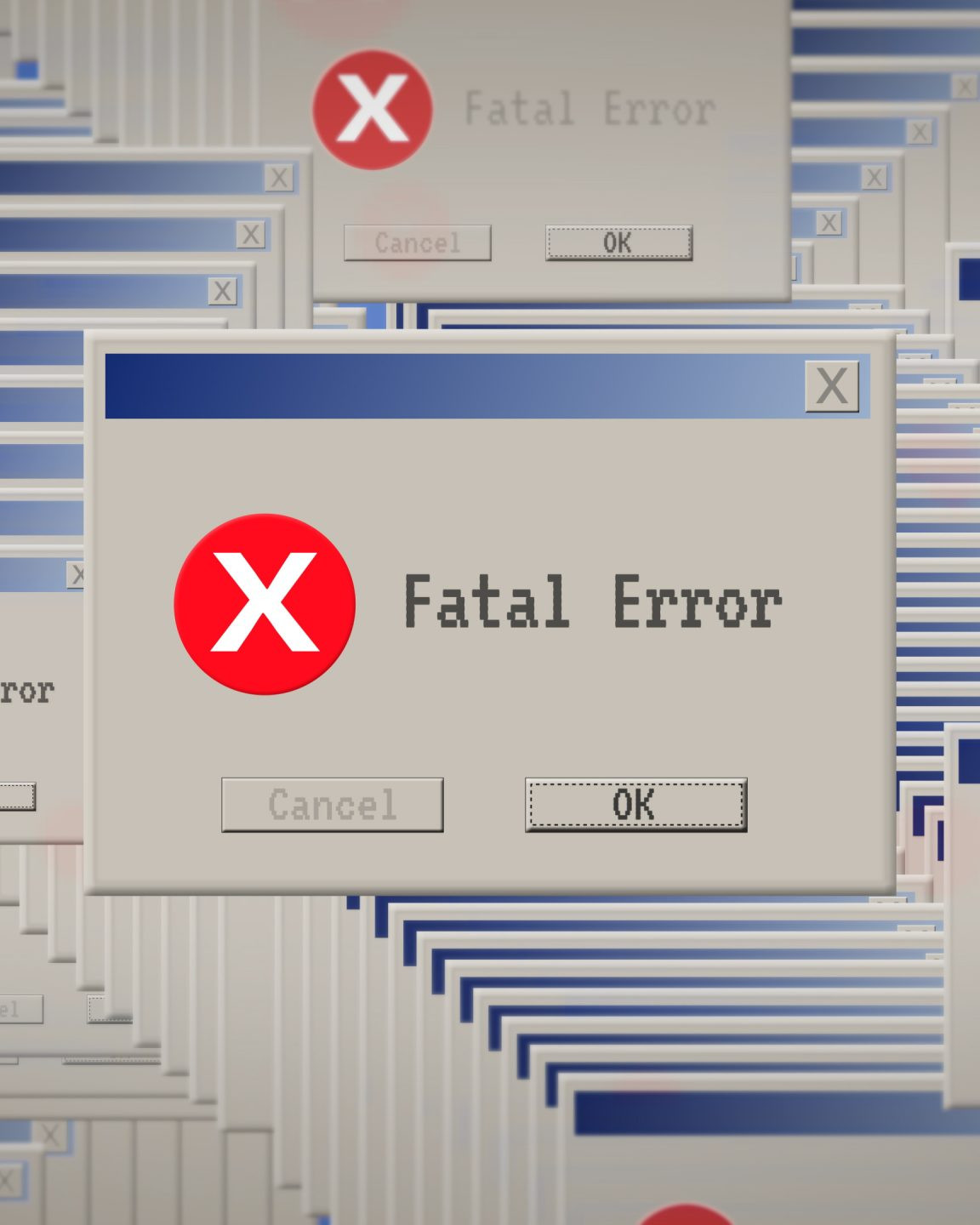 Graphic featuring multiple computer error windows representing website development, technical issues and digital problem solving.
