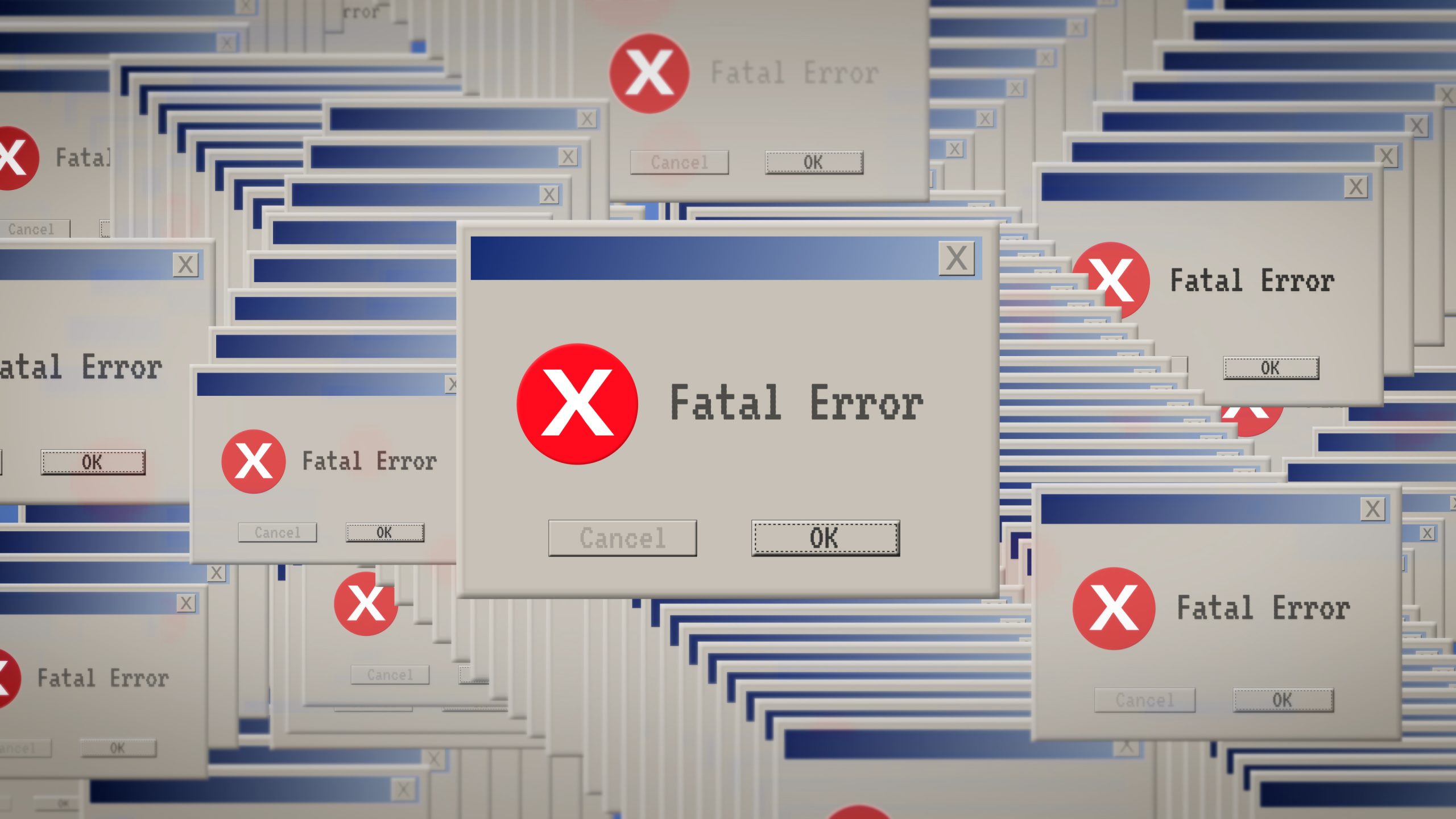 Graphic featuring multiple computer error windows representing website development, technical issues and digital problem solving.