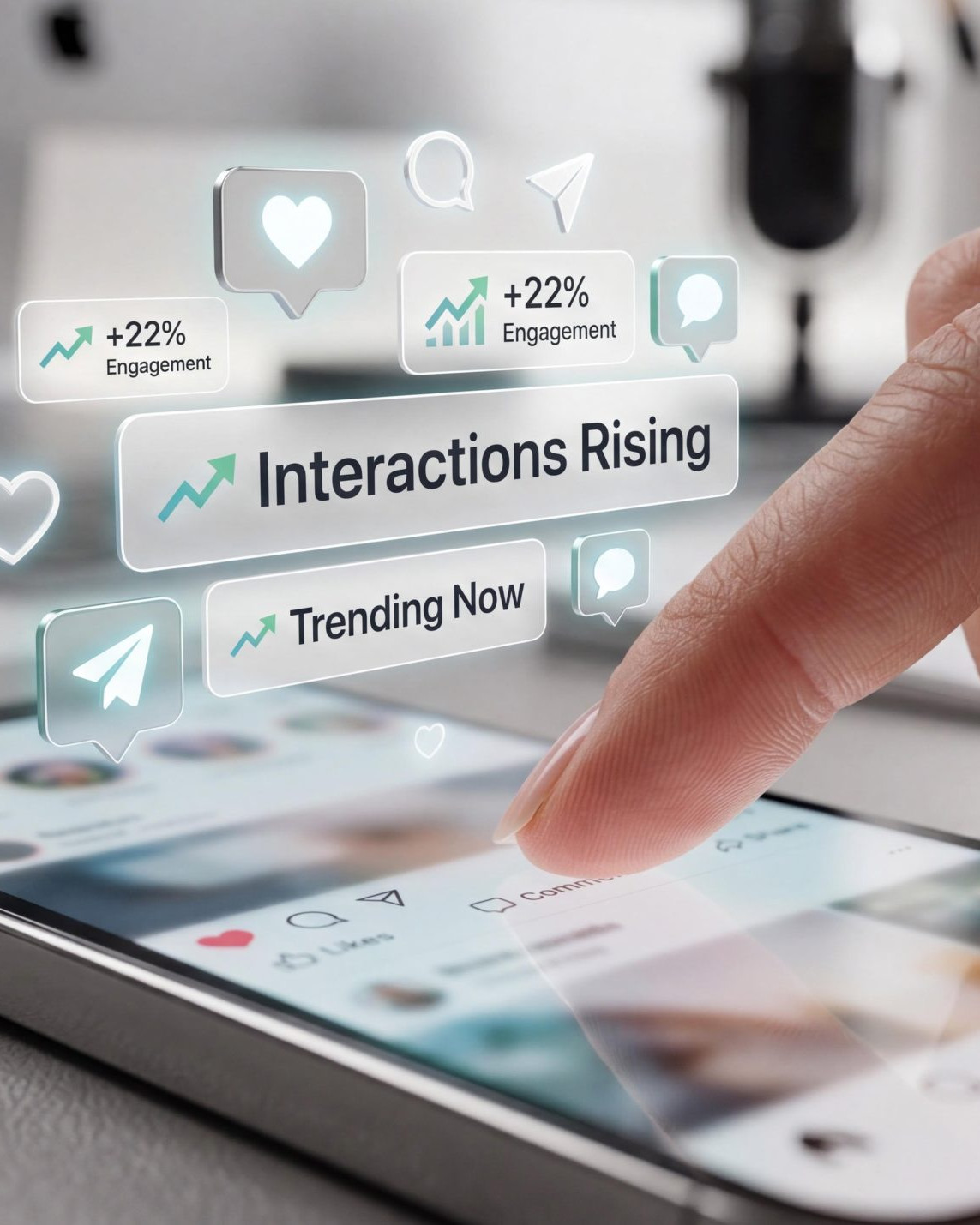 Smartphone displaying social media engagement metrics, likes, comments and trending content for digital marketing.