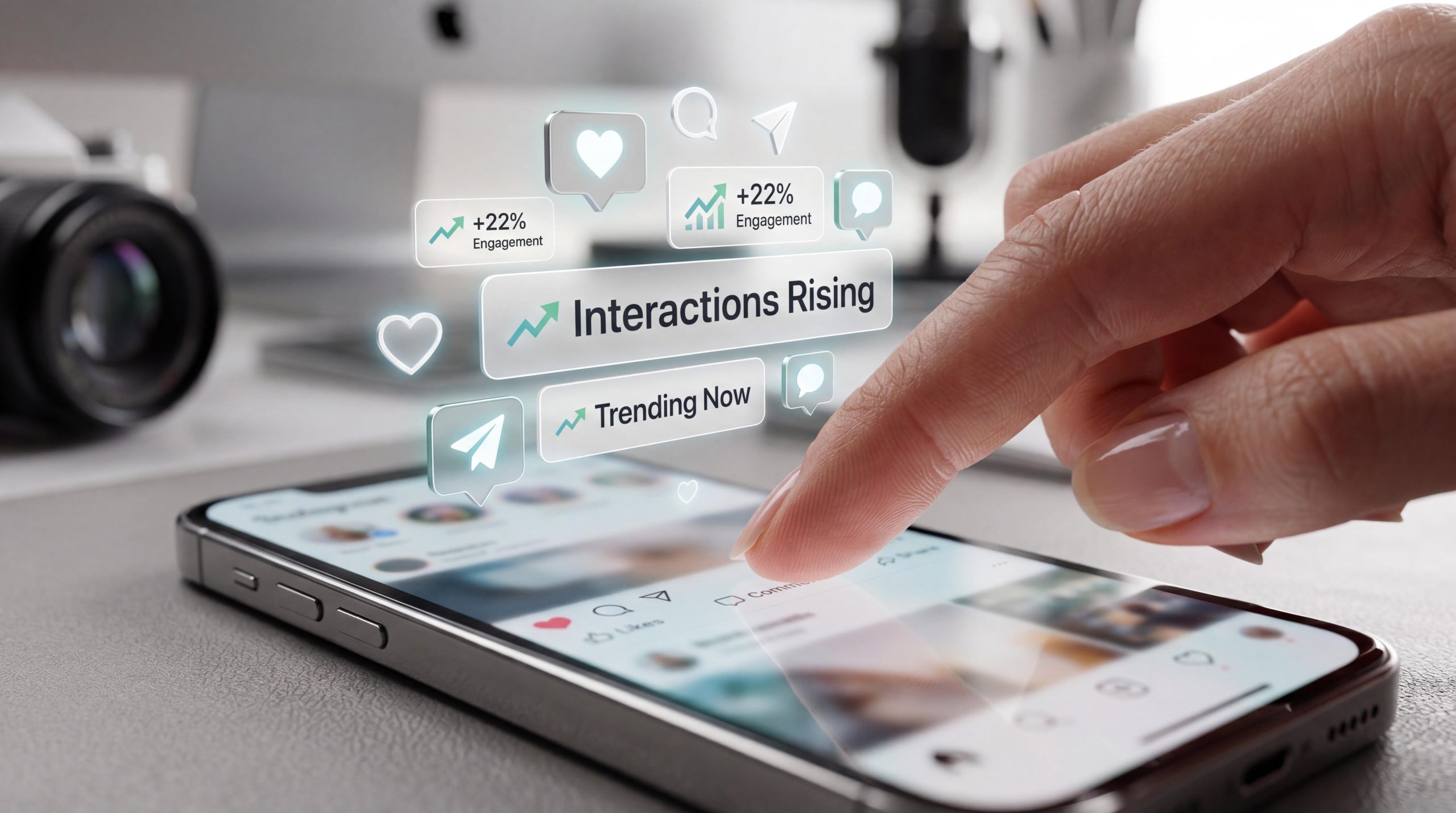 Smartphone displaying social media engagement metrics, likes, comments and trending content for digital marketing.